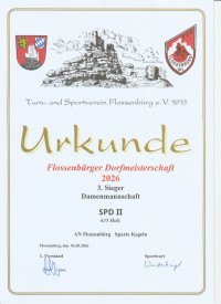 Bei der Dorfmeisterschaft 2026 "Alle Neun" Flossenbürg, belegte die Damenmannschaft SPD 2 den 3.Platz. Teilnehmer: Andrea Egner, Michaela Egner, Corinna Egner und Melanie Bertelshofer.